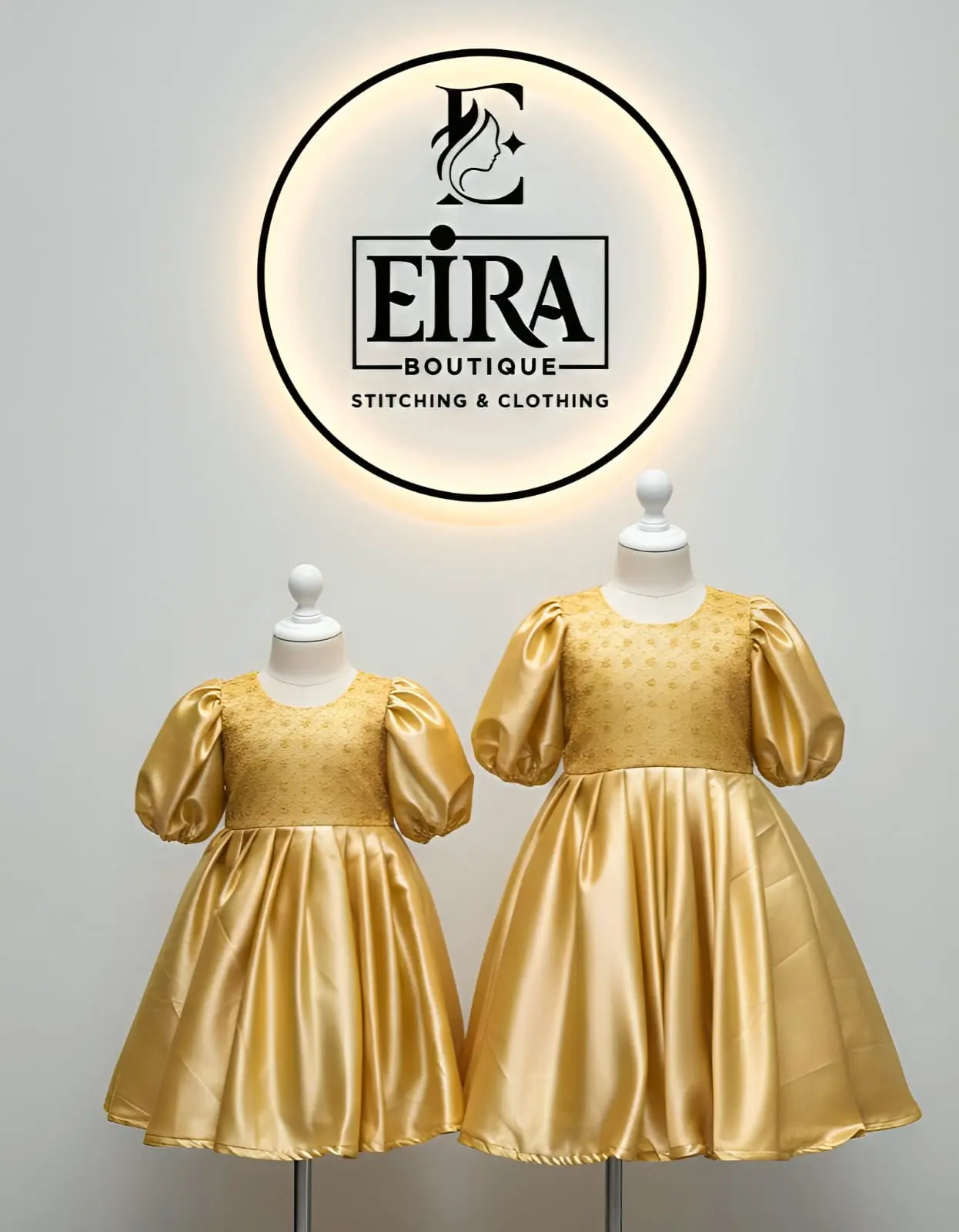 Golden satin kids party frock with puff sleeves